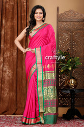 Magenta and Green Zari Border Bomkai Silk Saree - Craftyle