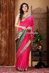 Magenta and Green Zari Border Bomkai Silk Saree - Craftyle