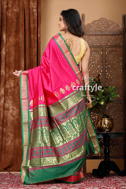 Magenta and Green Zari Border Bomkai Silk Saree - Craftyle