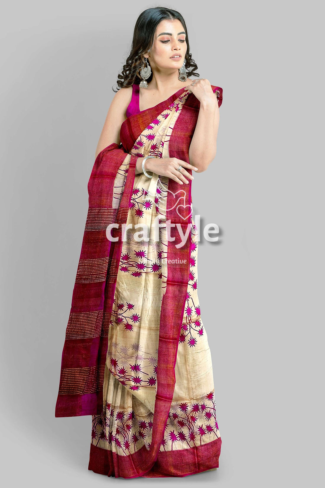 Magenta Cream Hand Block Print Zari Border Pure Tussar Saree - Craftyle