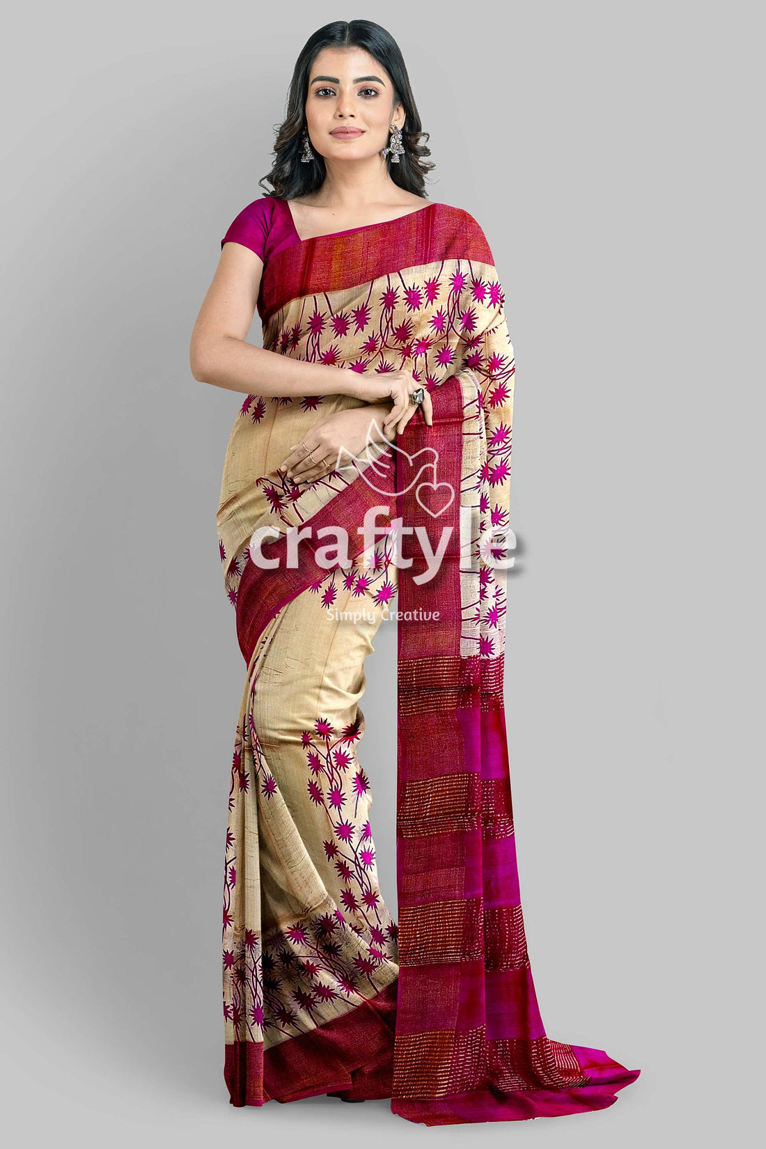 Magenta Cream Hand Block Print Zari Border Pure Tussar Saree - Craftyle