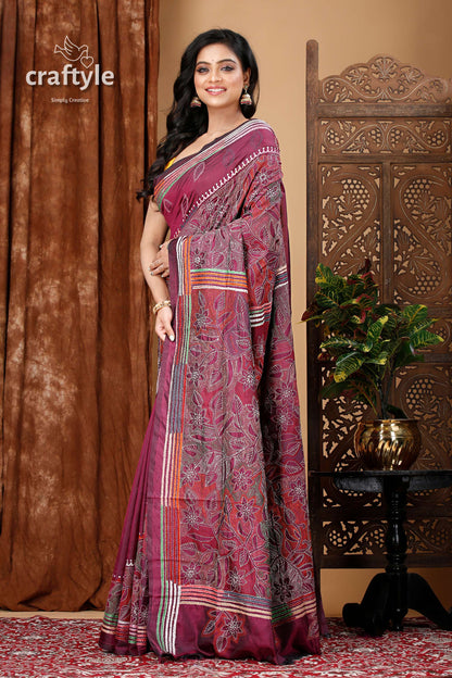 Magenta Purple Silk Kantha Stitch Saree - Reverse Stitch - Craftyle