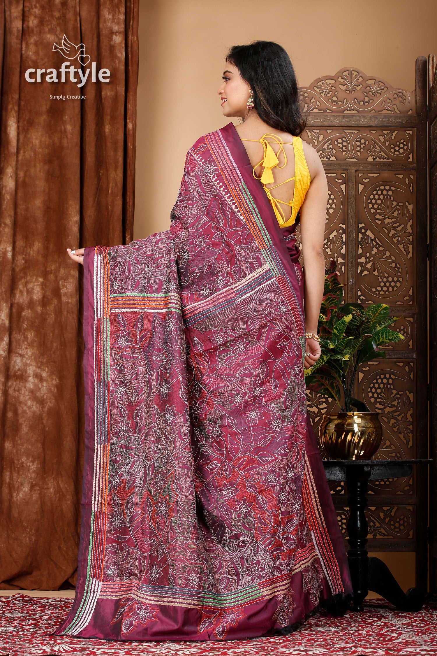 Magenta Purple Silk Kantha Stitch Saree - Reverse Stitch - Craftyle