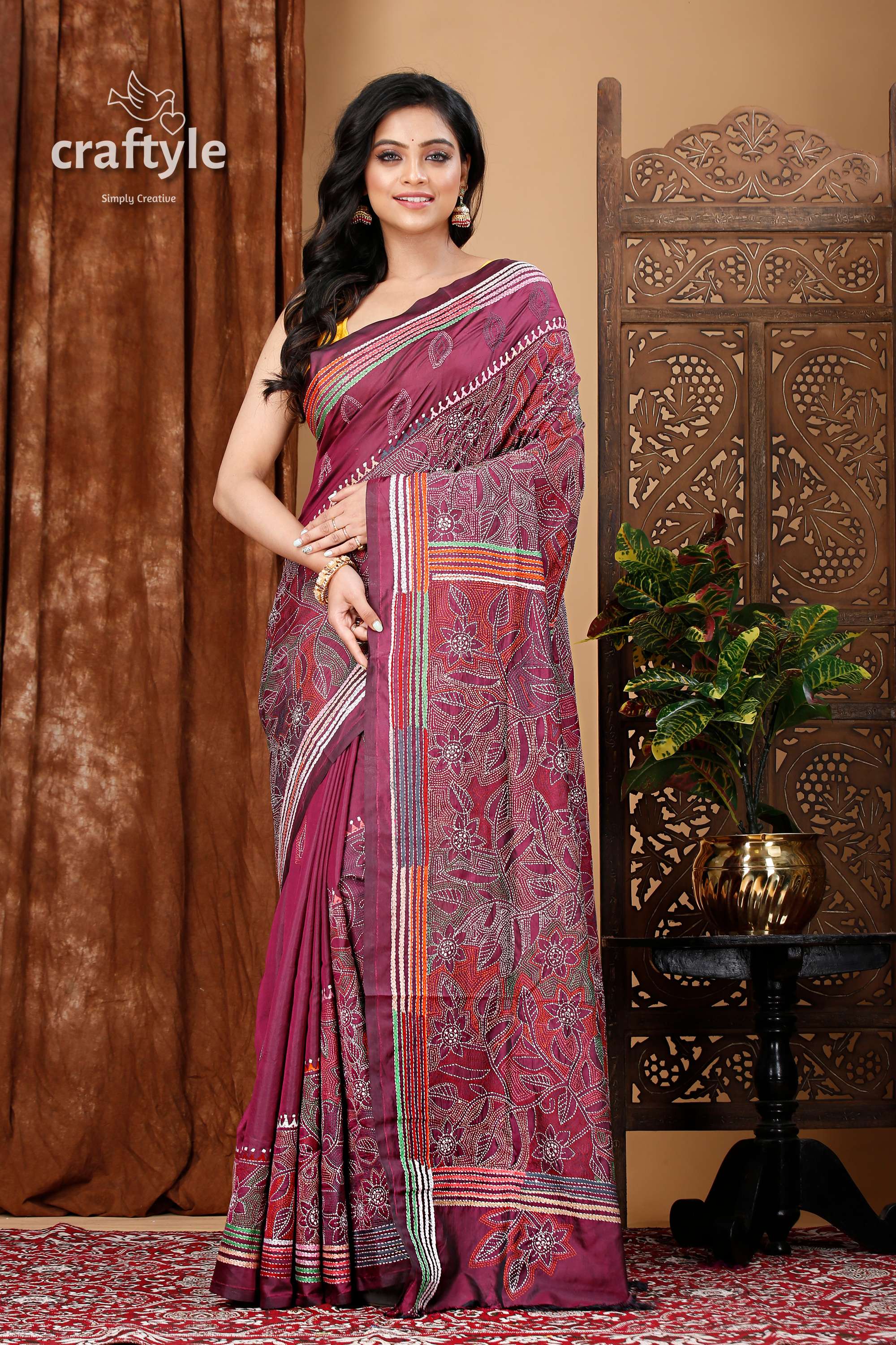 Magenta Purple Silk Kantha Stitch Saree - Reverse Stitch - Craftyle