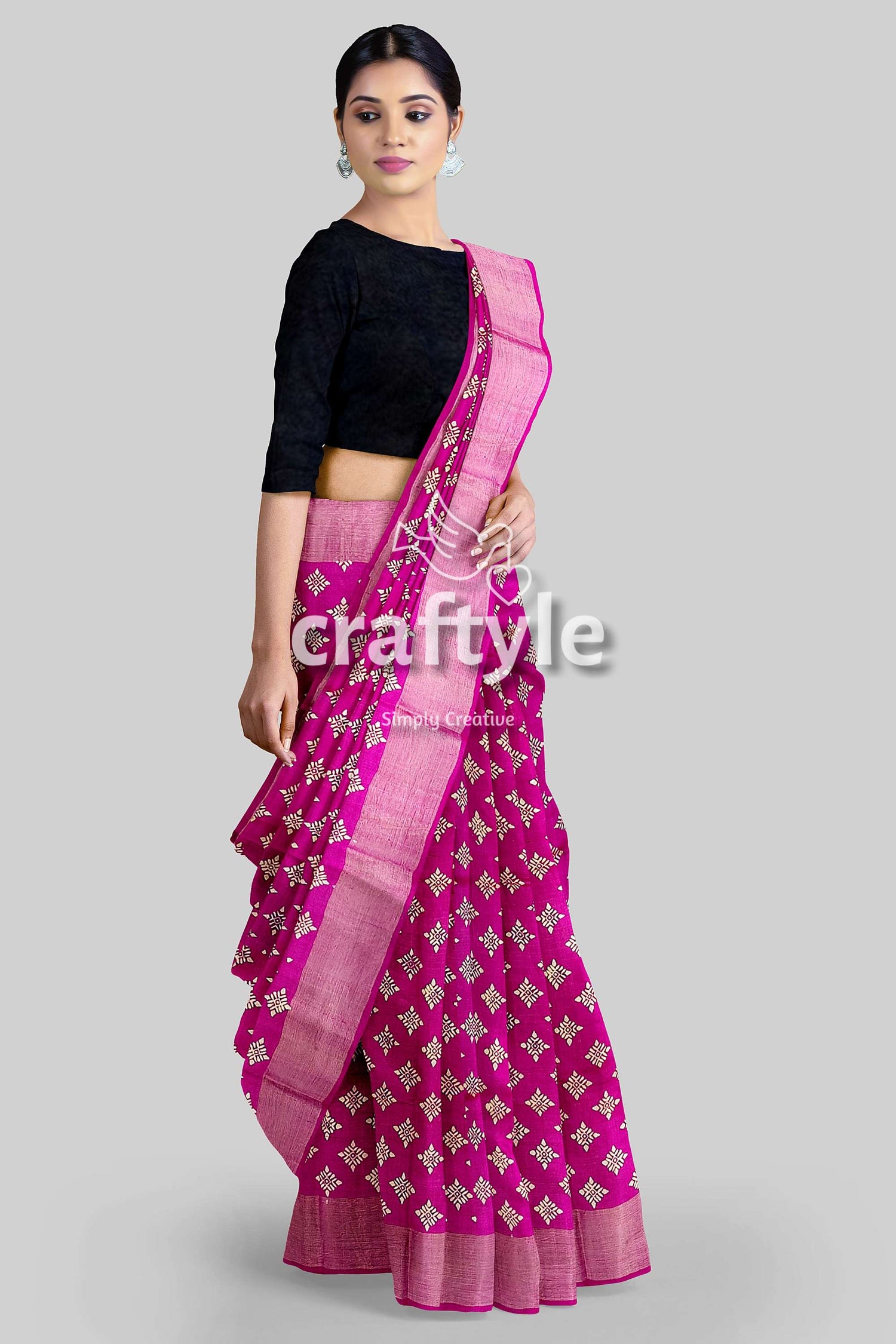 Magenta White Hand Block Print Zari Border Pure Tussar Silk Saree - Craftyle