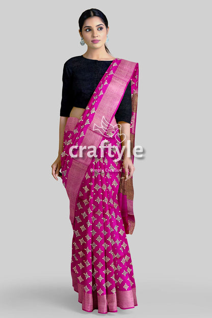 Magenta White Hand Block Print Zari Border Pure Tussar Silk Saree - Craftyle