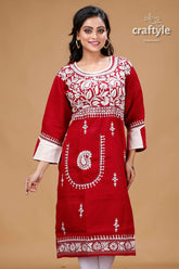 Maroon White Thread Work Kantha Cotton Kurti for Women - Craftyle