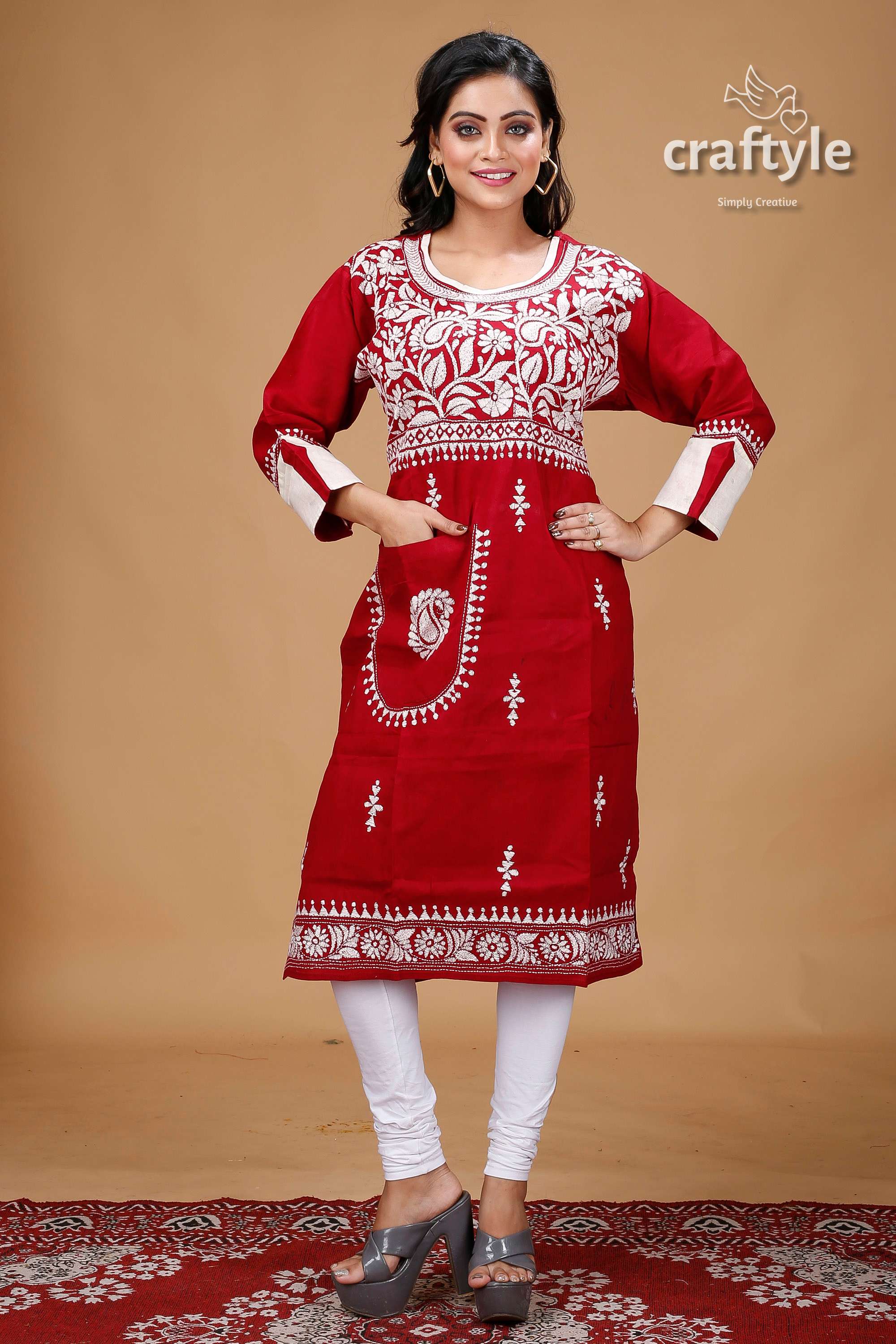 Maroon White Thread Work Kantha Cotton Kurti for Women - Craftyle