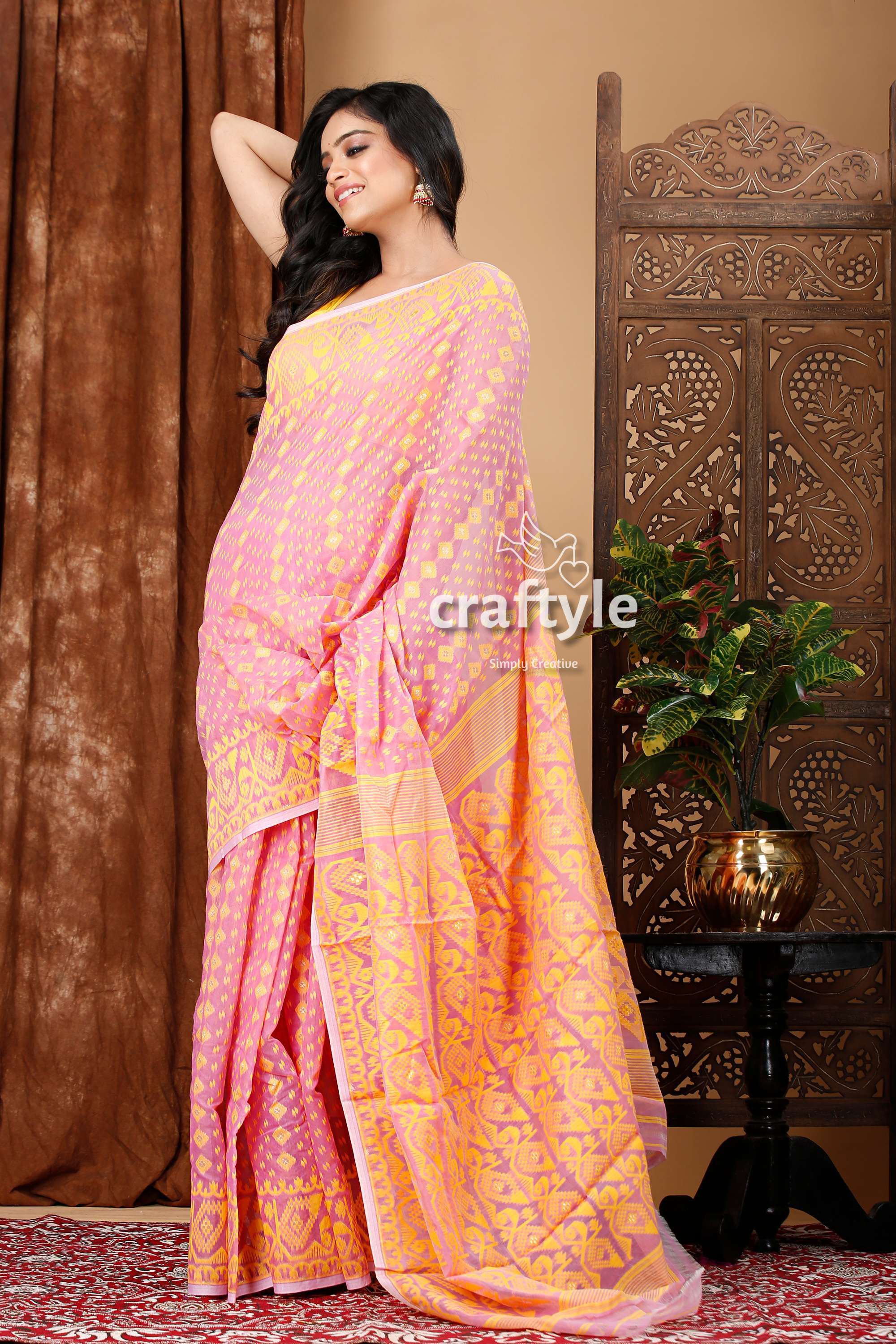 Mauve and Yellow Bengal Jamdani Saree for Women - Craftyle