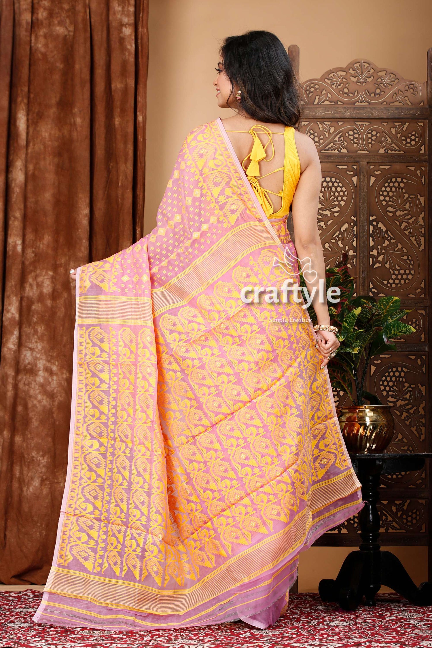 Mauve and Yellow Bengal Jamdani Saree for Women - Craftyle