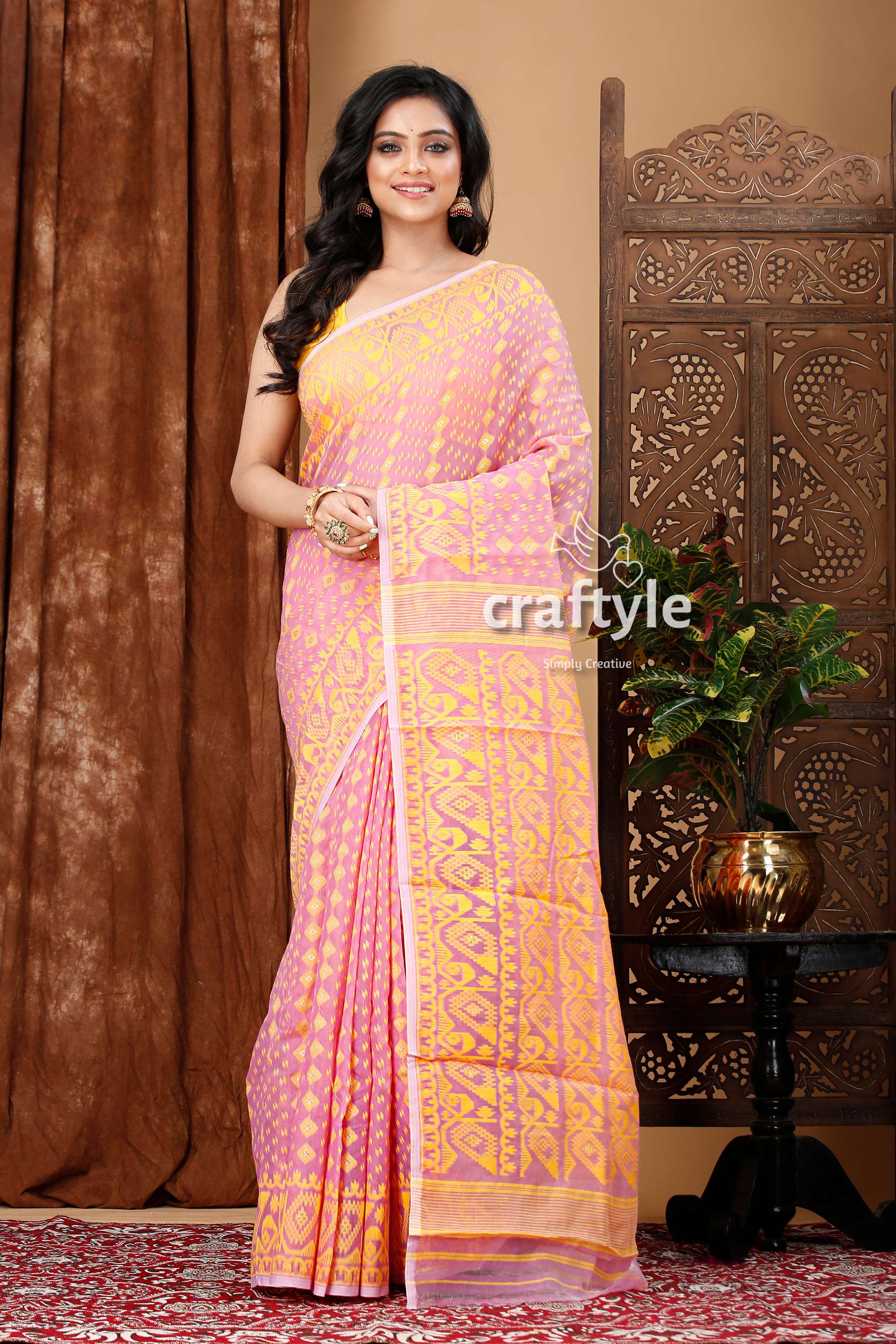 Mauve and Yellow Bengal Jamdani Saree for Women - Craftyle