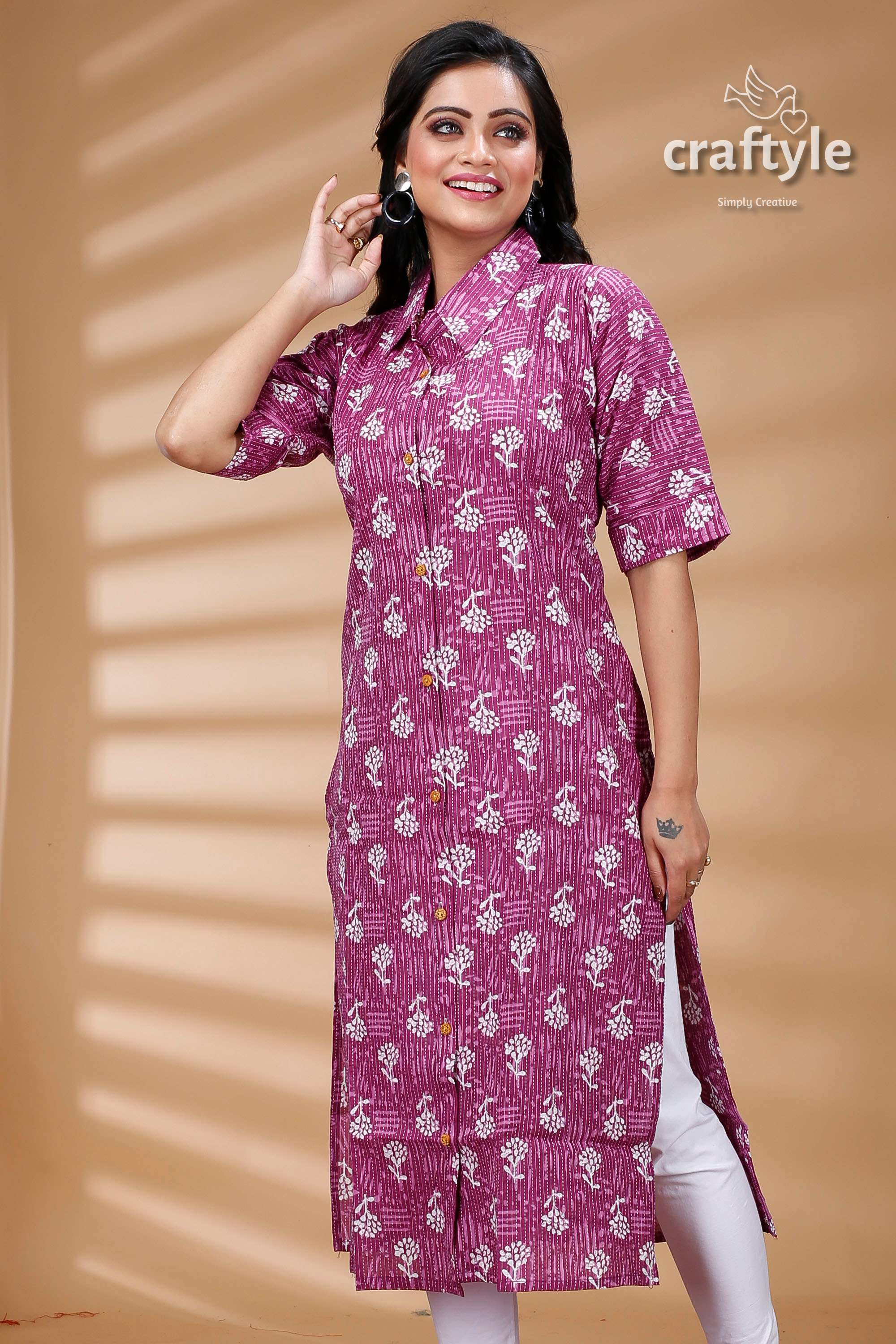 Mauve Pure Cotton Ajrakh Printed Kurti for Women - Craftyle