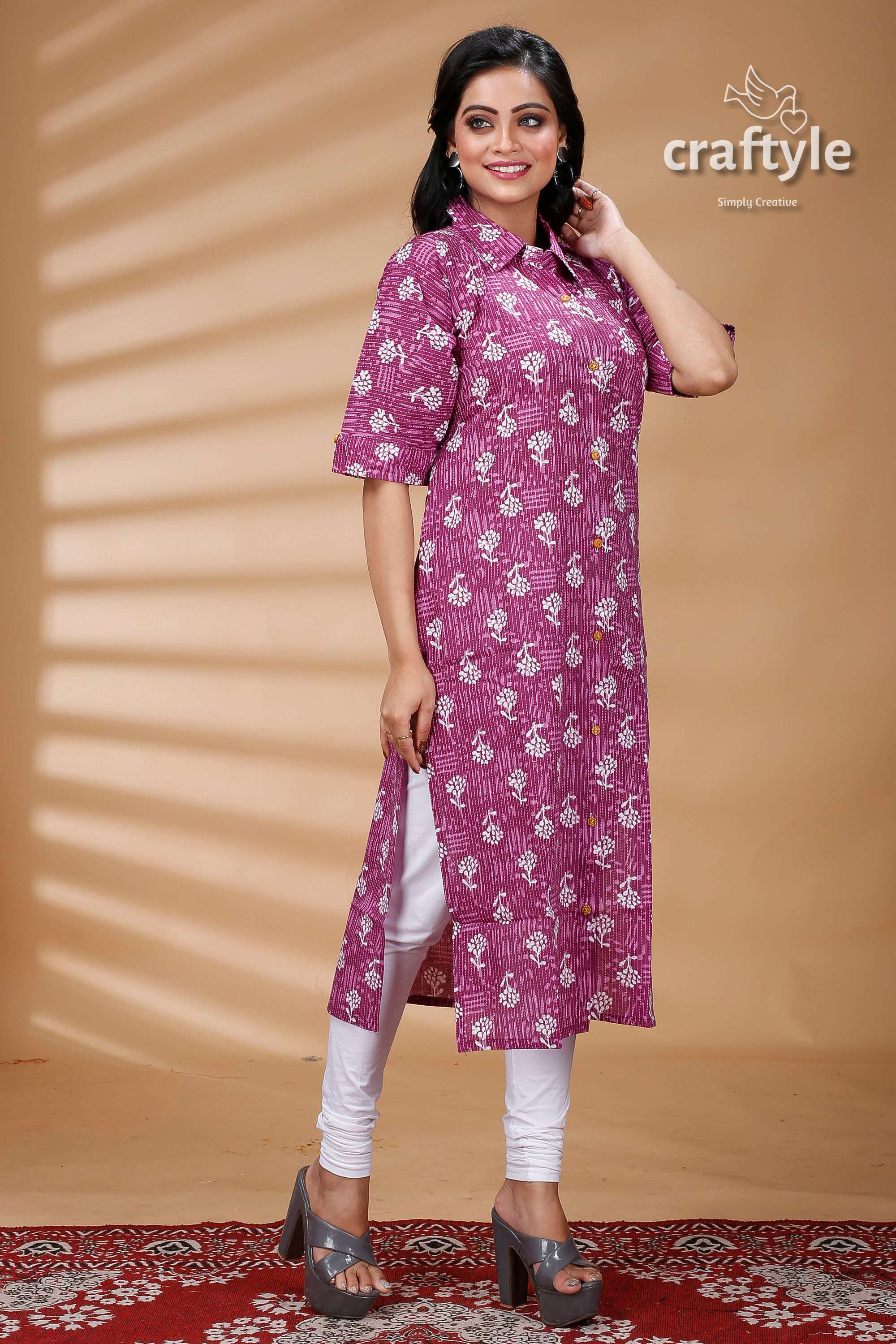 Mauve Pure Cotton Ajrakh Printed Kurti for Women - Craftyle