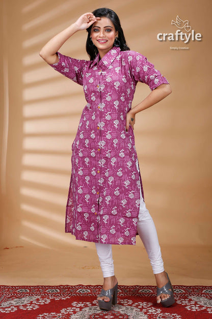 Mauve Pure Cotton Ajrakh Printed Kurti for Women - Craftyle