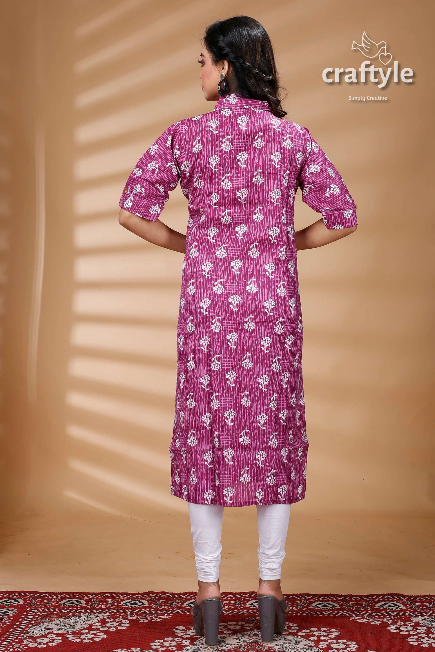 Mauve Pure Cotton Ajrakh Printed Kurti for Women - Craftyle