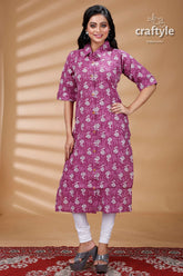 Mauve Pure Cotton Ajrakh Printed Kurti for Women - Craftyle