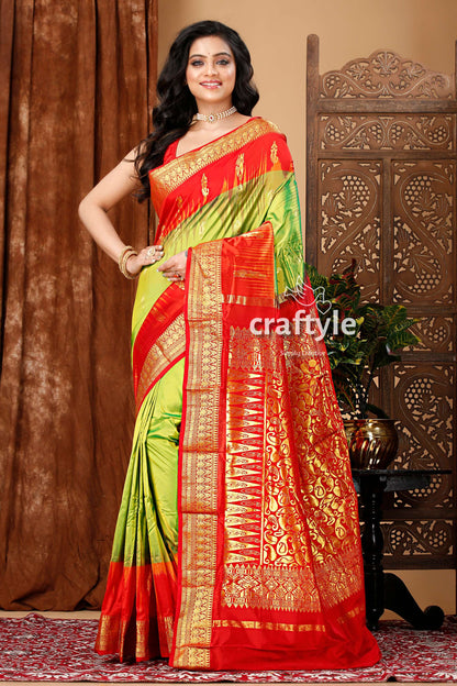 May Green and Red Kanjivaram Silk Saree - Craftyle