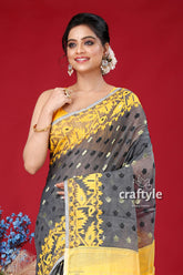 Mid Grey and Yellow Handloom Jamdani Sari - Luxurious Ethnic Wear - Craftyle