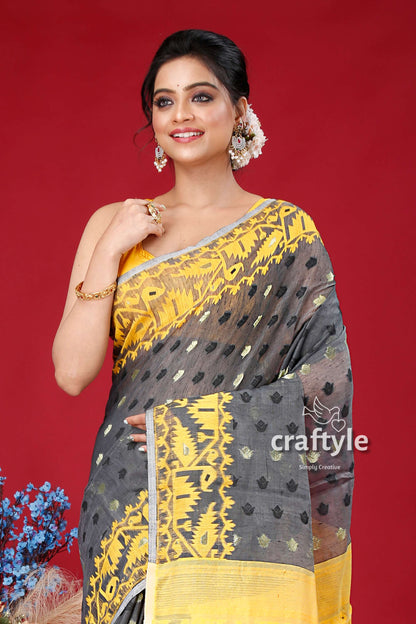 Mid Grey and Yellow Handloom Jamdani Sari - Luxurious Ethnic Wear - Craftyle