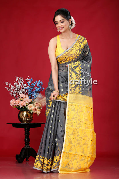 Mid Grey and Yellow Handloom Jamdani Sari - Luxurious Ethnic Wear - Craftyle