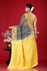 Mid Grey and Yellow Handloom Jamdani Sari - Luxurious Ethnic Wear - Craftyle