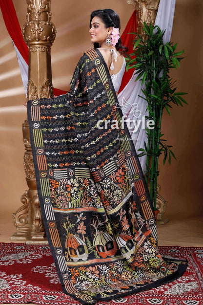 Midnight Black Kantha Embroidery Silk Saree-Craftyle