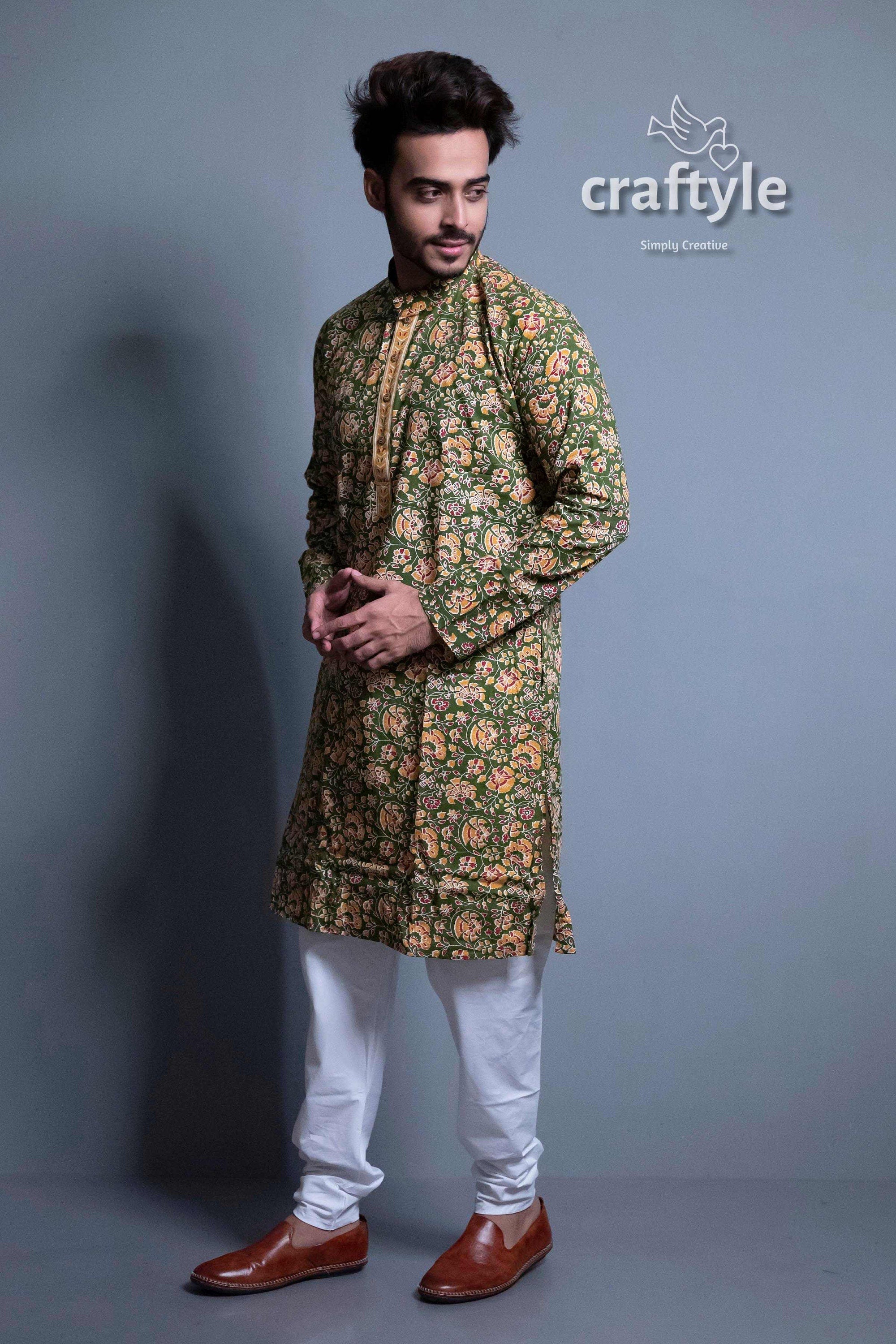 Moss Green Kalamkari Ethnic Wear Mens Kurta - Craftyle