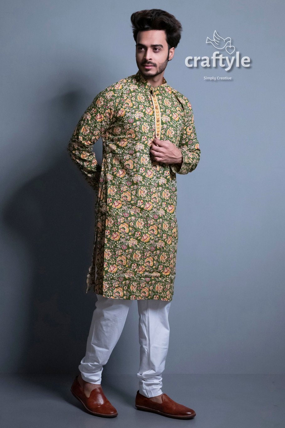 Moss Green Kalamkari Ethnic Wear Mens Kurta - Craftyle