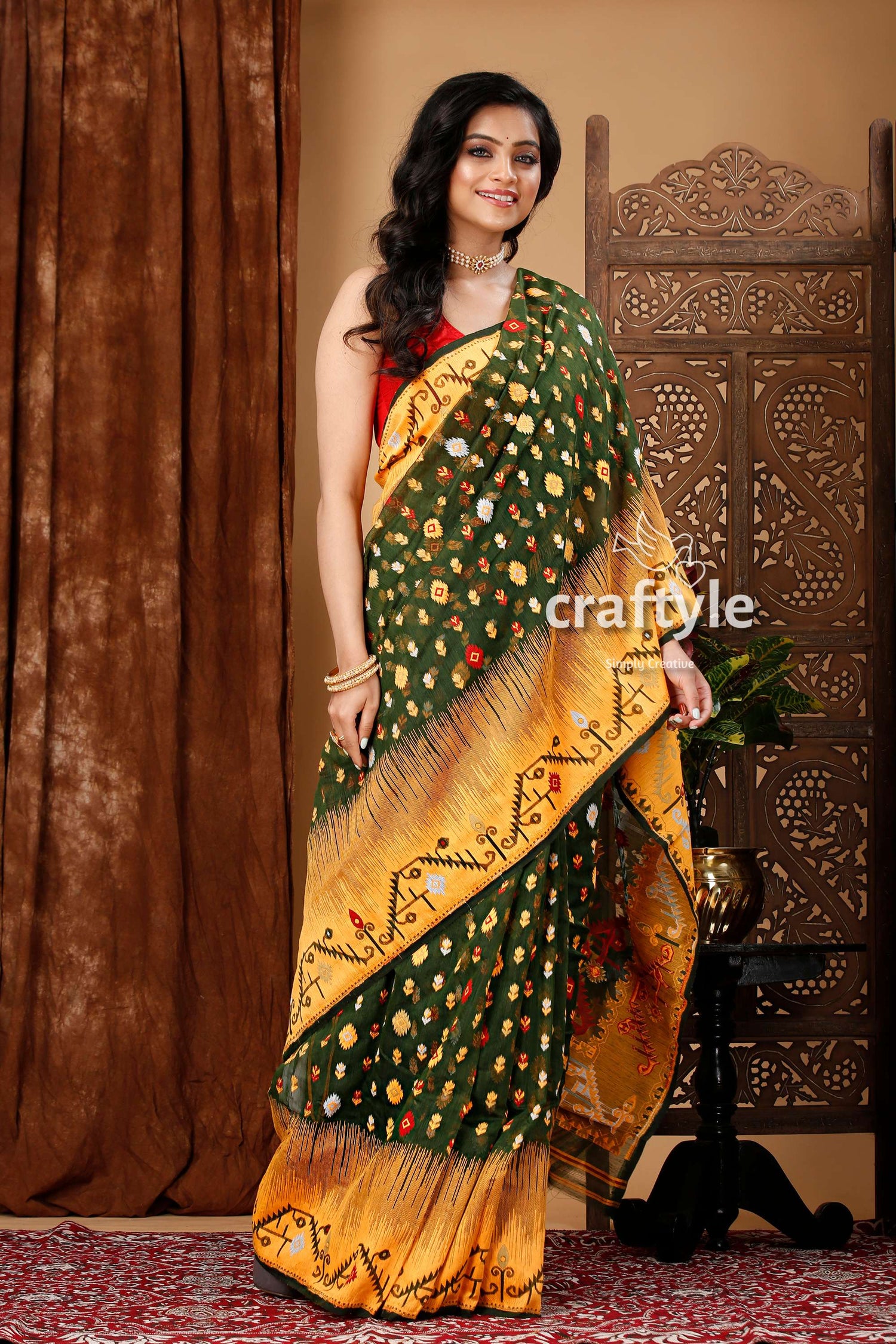 Moss Green-Orange Intricate Jamdani Saree - Craftyle