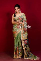 Moss Green Zari Border Pure Tussar Kalamkari Saree - Hand Painted - Craftyle