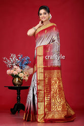 Mountain Grey and Burgundy Kanjivaram Silk Saree - Traditional Indian Sari - Craftyle