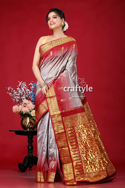 Mountain Grey and Burgundy Kanjivaram Silk Saree - Traditional Indian Sari - Craftyle