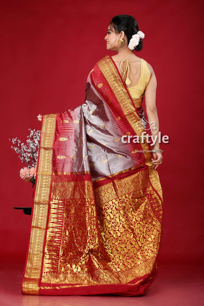 Mountain Grey and Burgundy Kanjivaram Silk Saree - Traditional Indian Sari - Craftyle