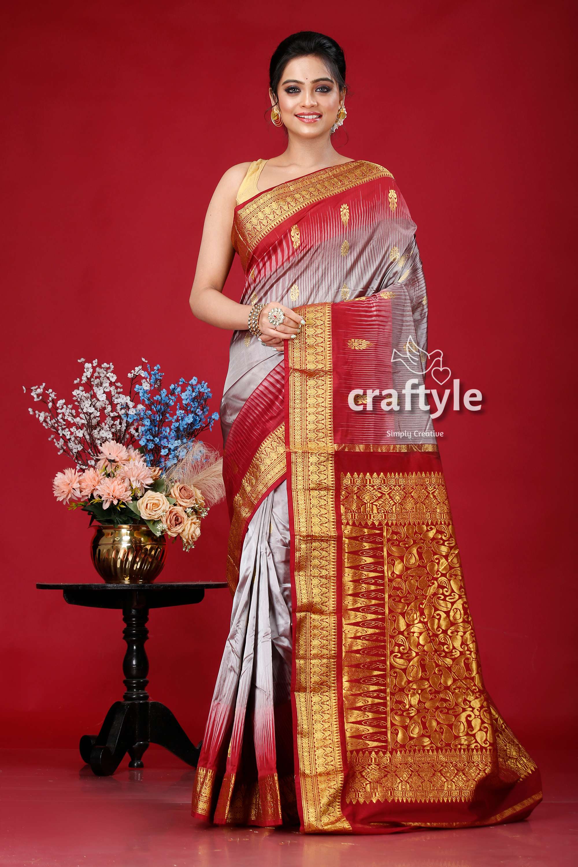 Mountain Grey and Burgundy Kanjivaram Silk Saree - Traditional Indian Sari - Craftyle