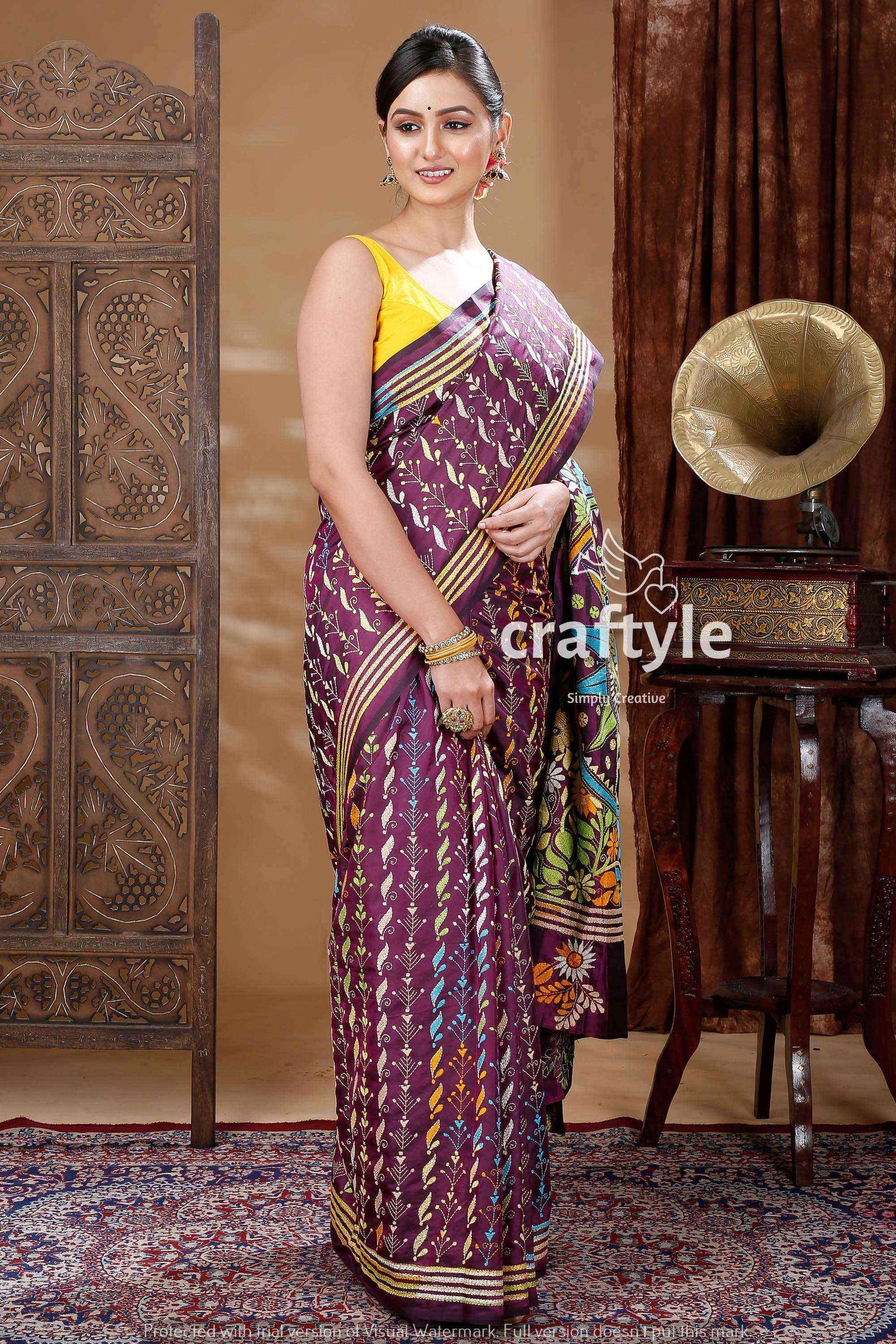 Mulberry Purple Kantha Embroidery Silk Saree-Craftyle