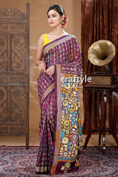 Mulberry Purple Kantha Embroidery Silk Saree-Craftyle