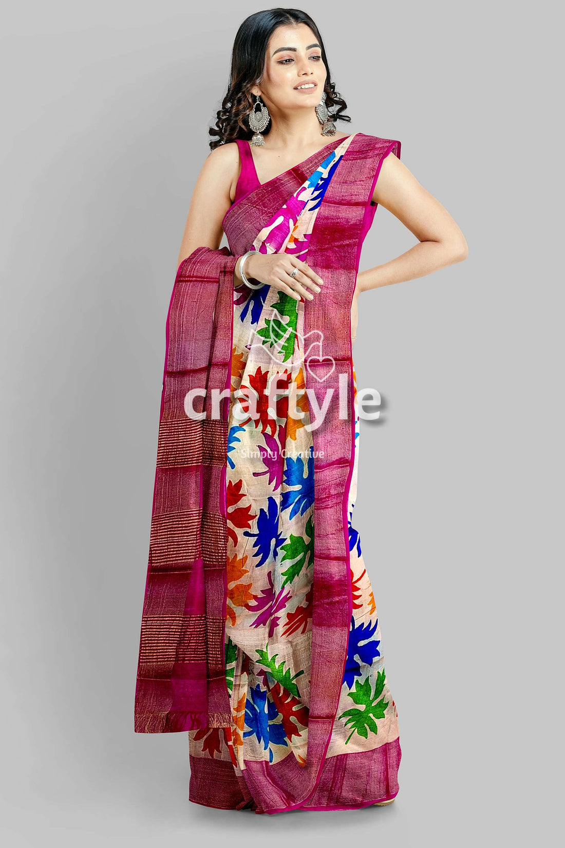 Multicolor Hand Block Print Zari Border Pure Tussar Silk Saree - Craftyle