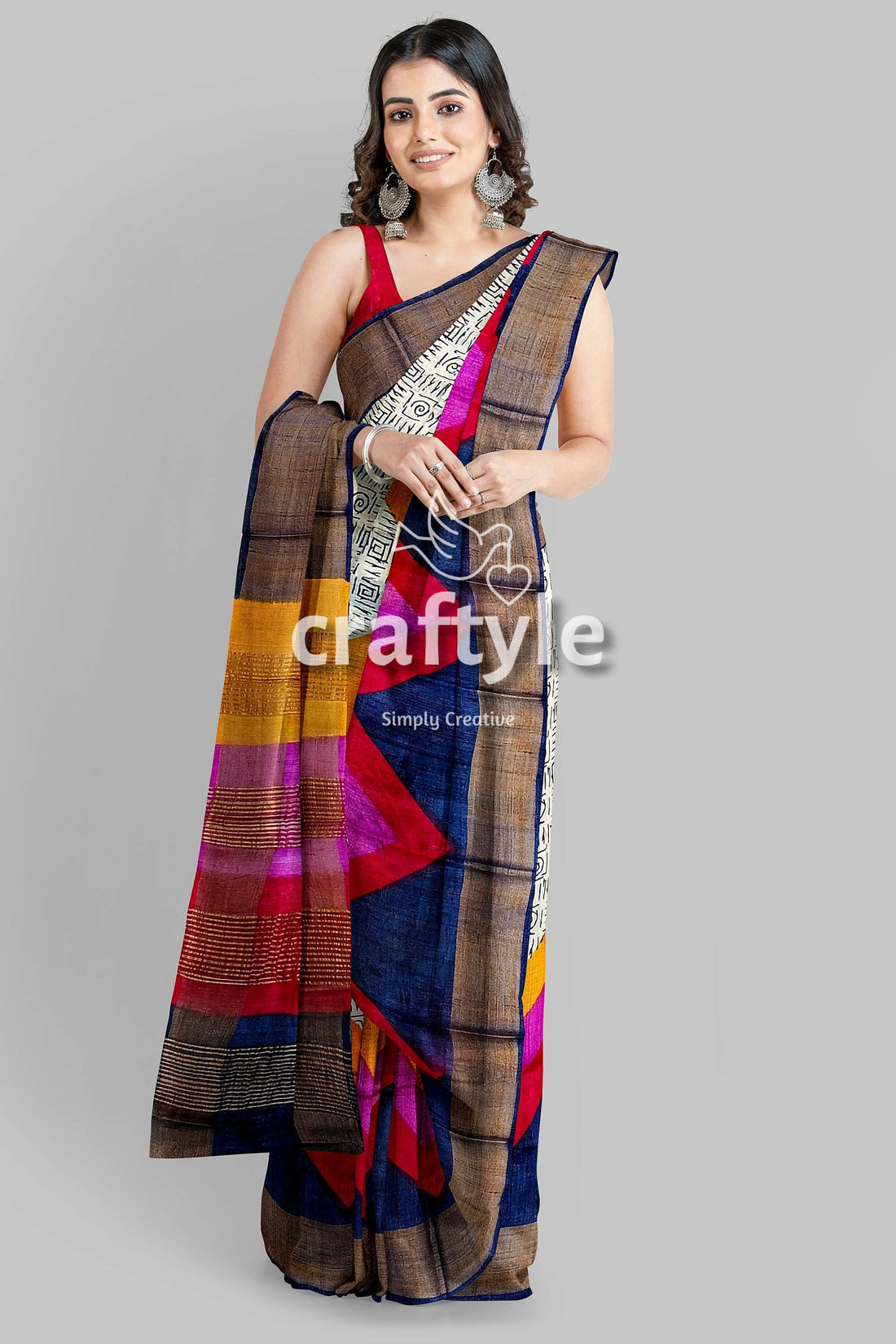 Multicolor Hand Block Print Zari Border Pure Tussar Silk Saree - Craftyle