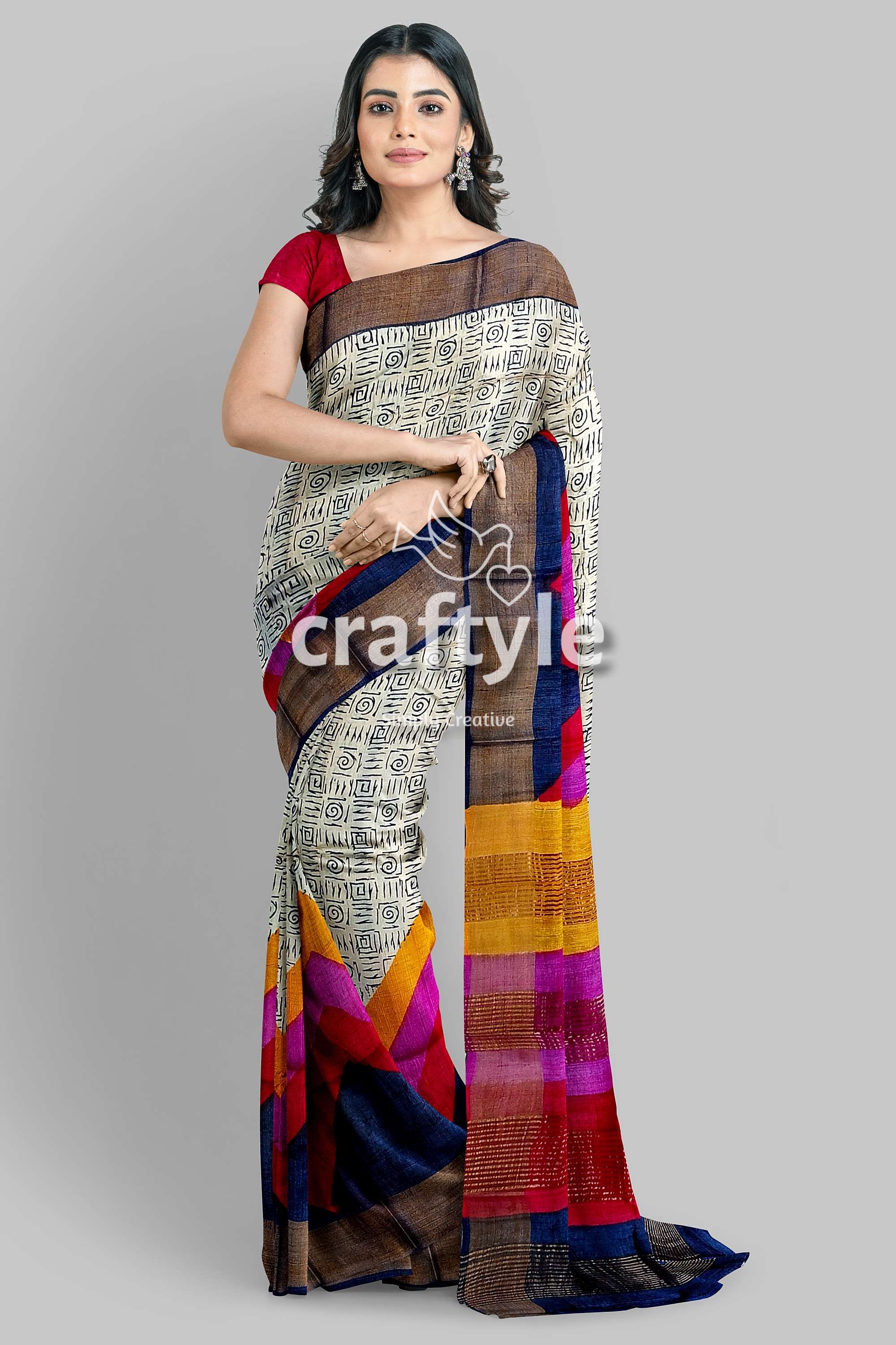 Handmade Zari Border Pure Tussar Silk Saree Hand store Block Printed Handloom Sari Pure Tossor Saree Free Shipping with SilkMarkIndia Assurance