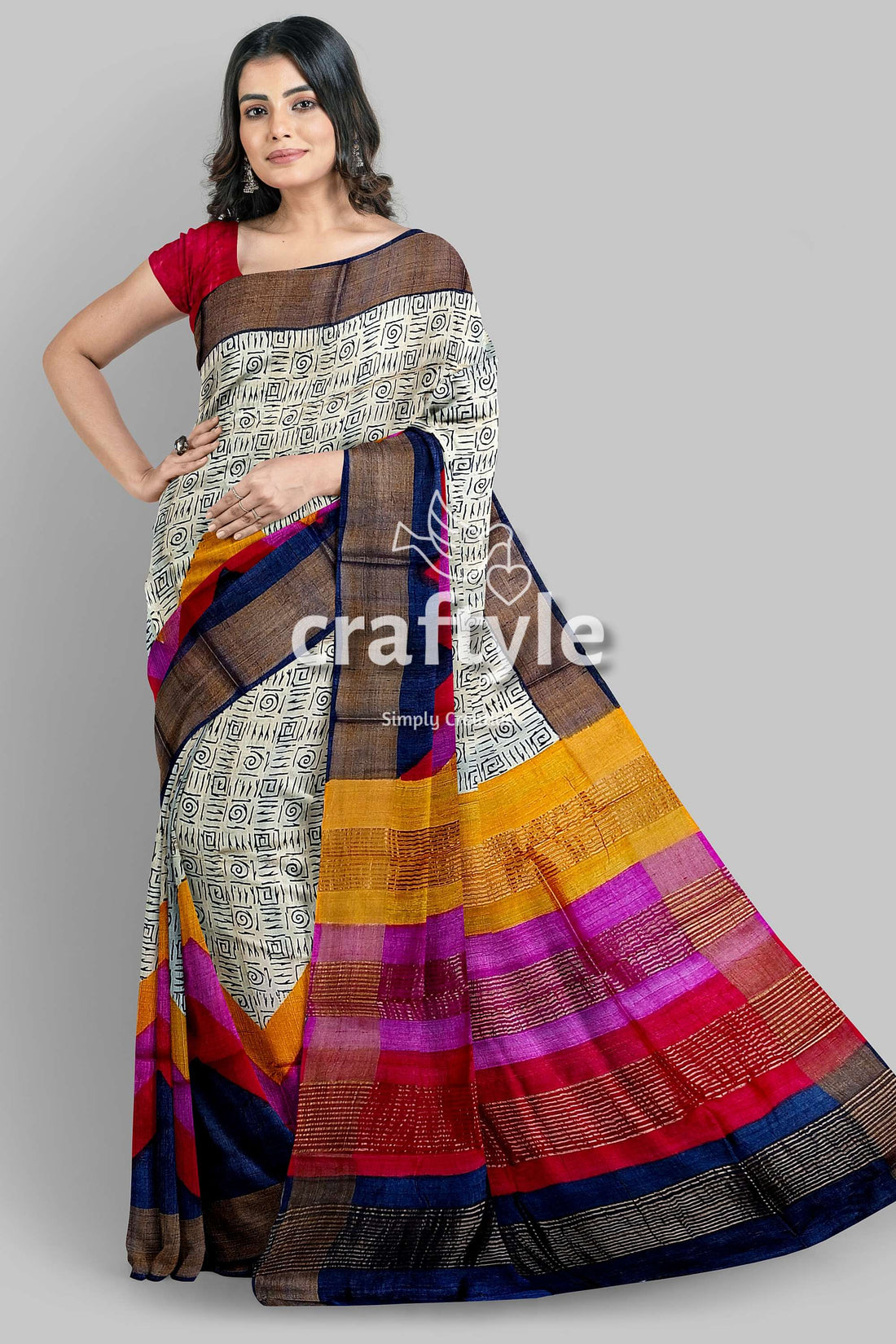 Multicolor Hand Block Print Zari Border Pure Tussar Silk Saree - Craftyle