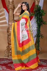 Multicolor Hand Block Pure Cotton Saree-Craftyle