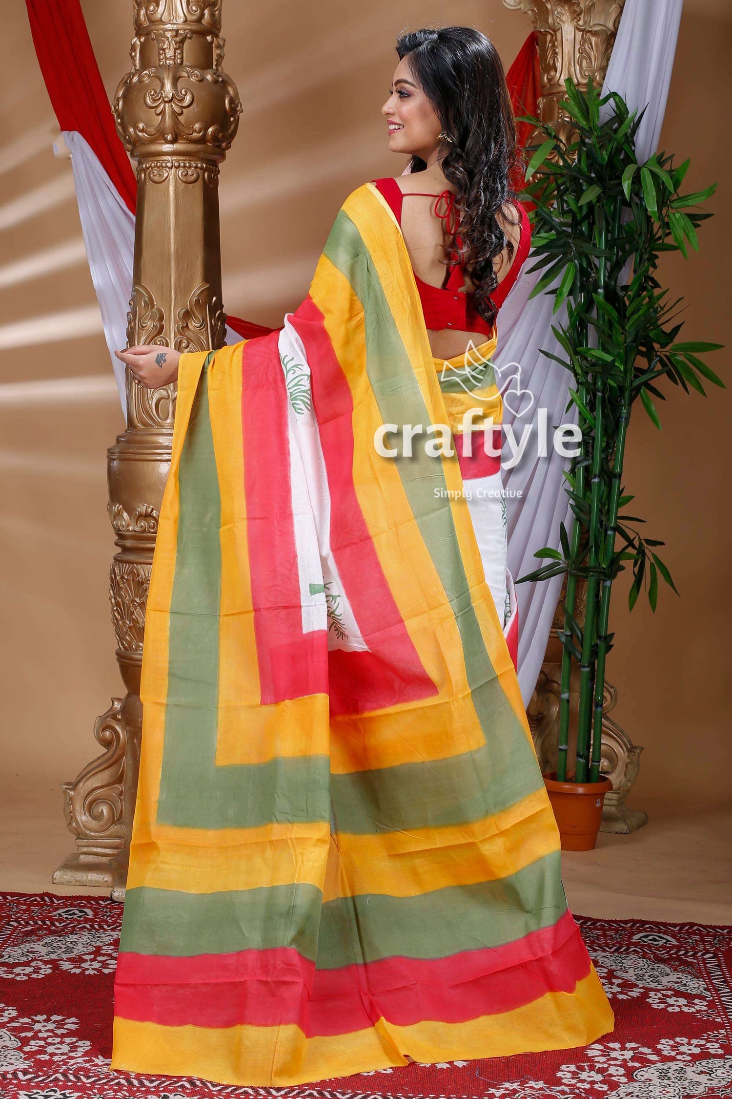 Multicolor Hand Block Pure Cotton Saree-Craftyle