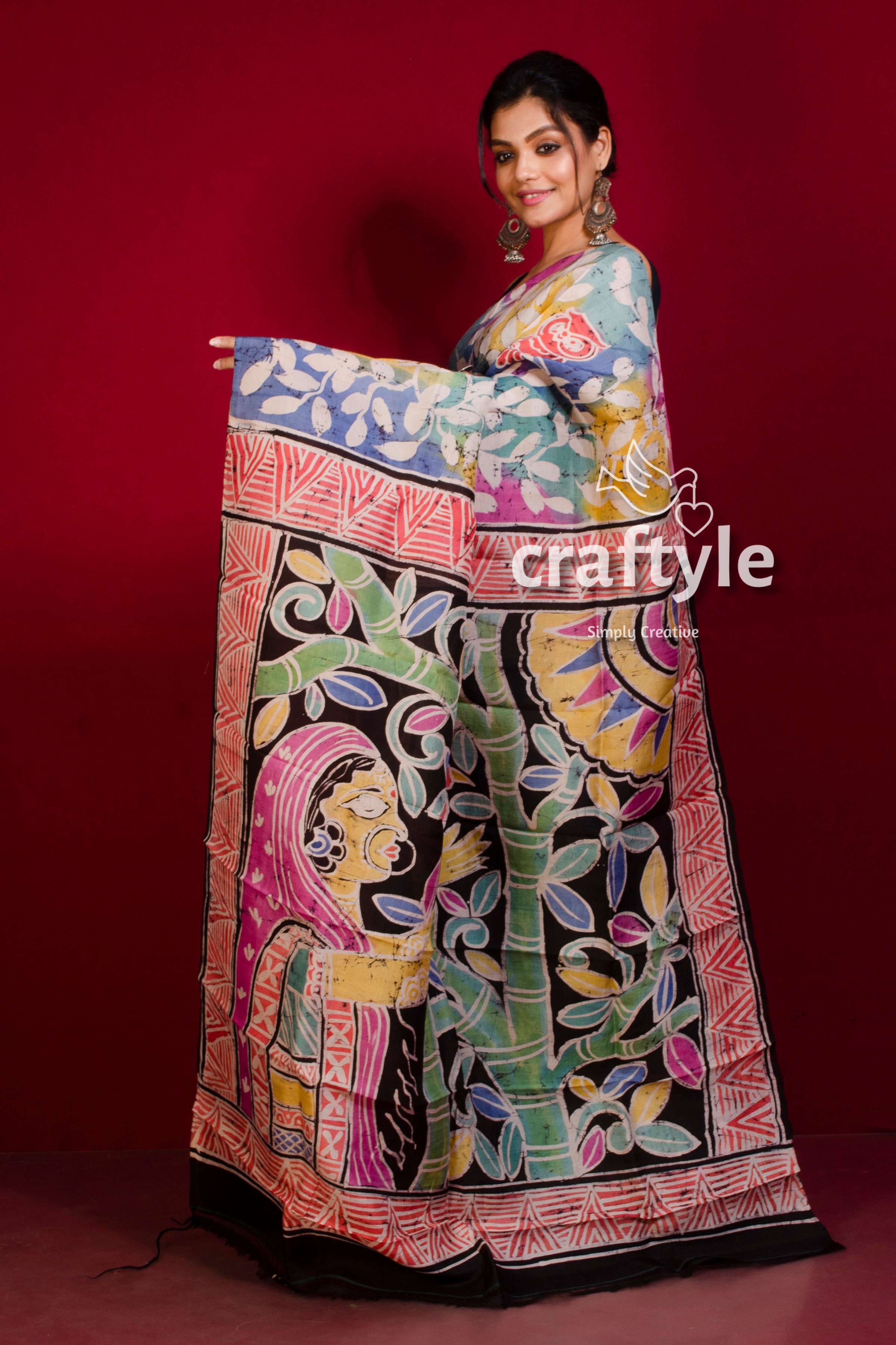 Multicolor Hand Painted Silk Batik Saree - Pure Silk Mulberry Saree - Craftyle