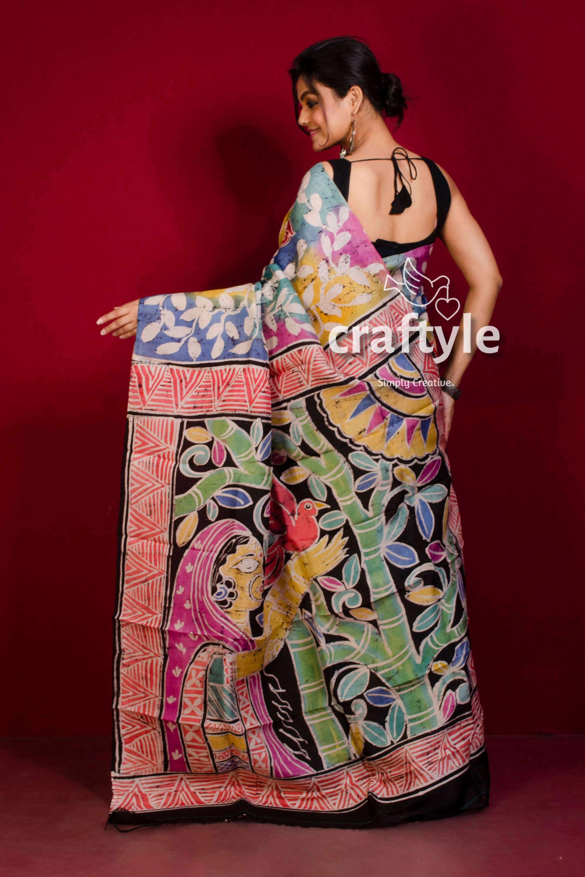 Multicolor Hand Painted Silk Batik Saree - Pure Silk Mulberry Saree - Craftyle