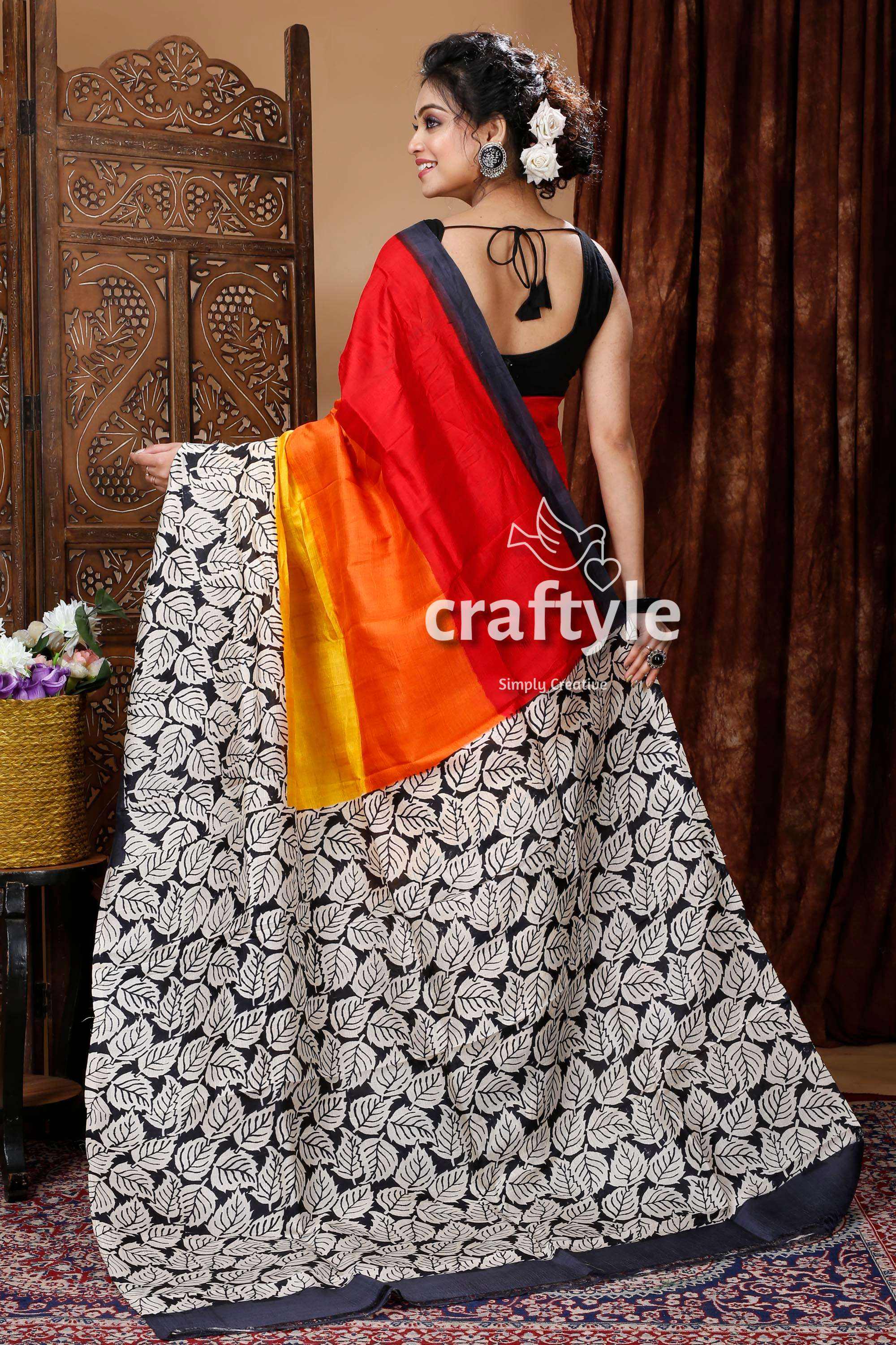 Multicolor Leaf Design Hand Block Design Mulberry Pure Silk Saree - Craftyle