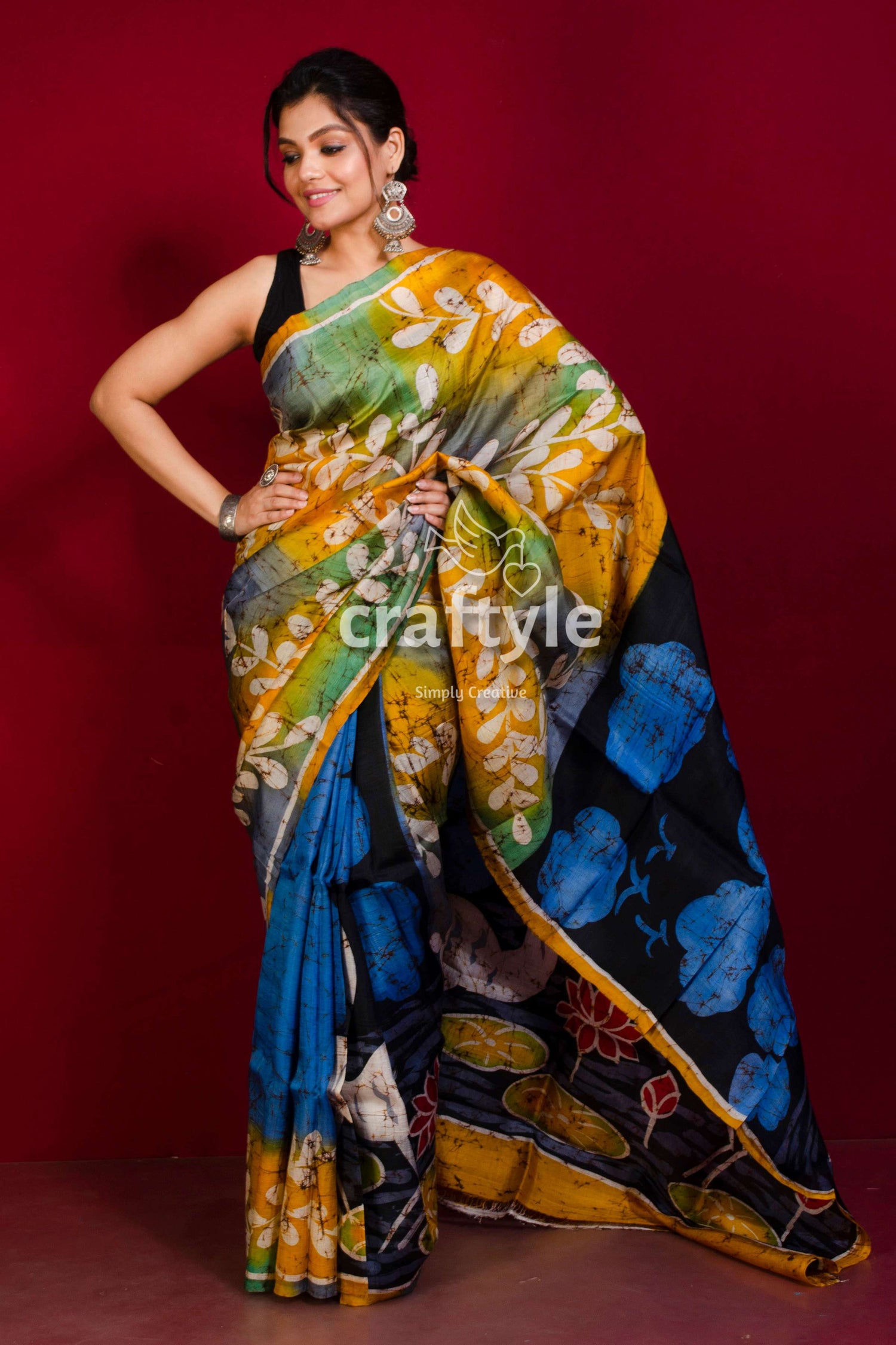 Mustard Yellow Blue Lotus Motif Hand Batik Pure Mulberry Silk Saree - Craftyle