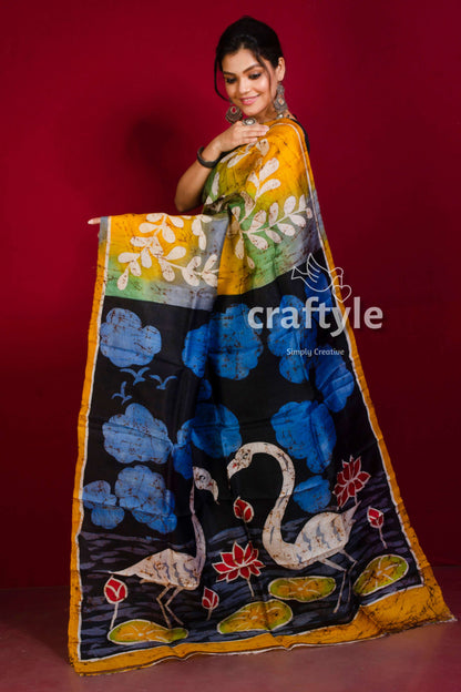 Mustard Yellow Blue Lotus Motif Hand Batik Pure Mulberry Silk Saree - Craftyle