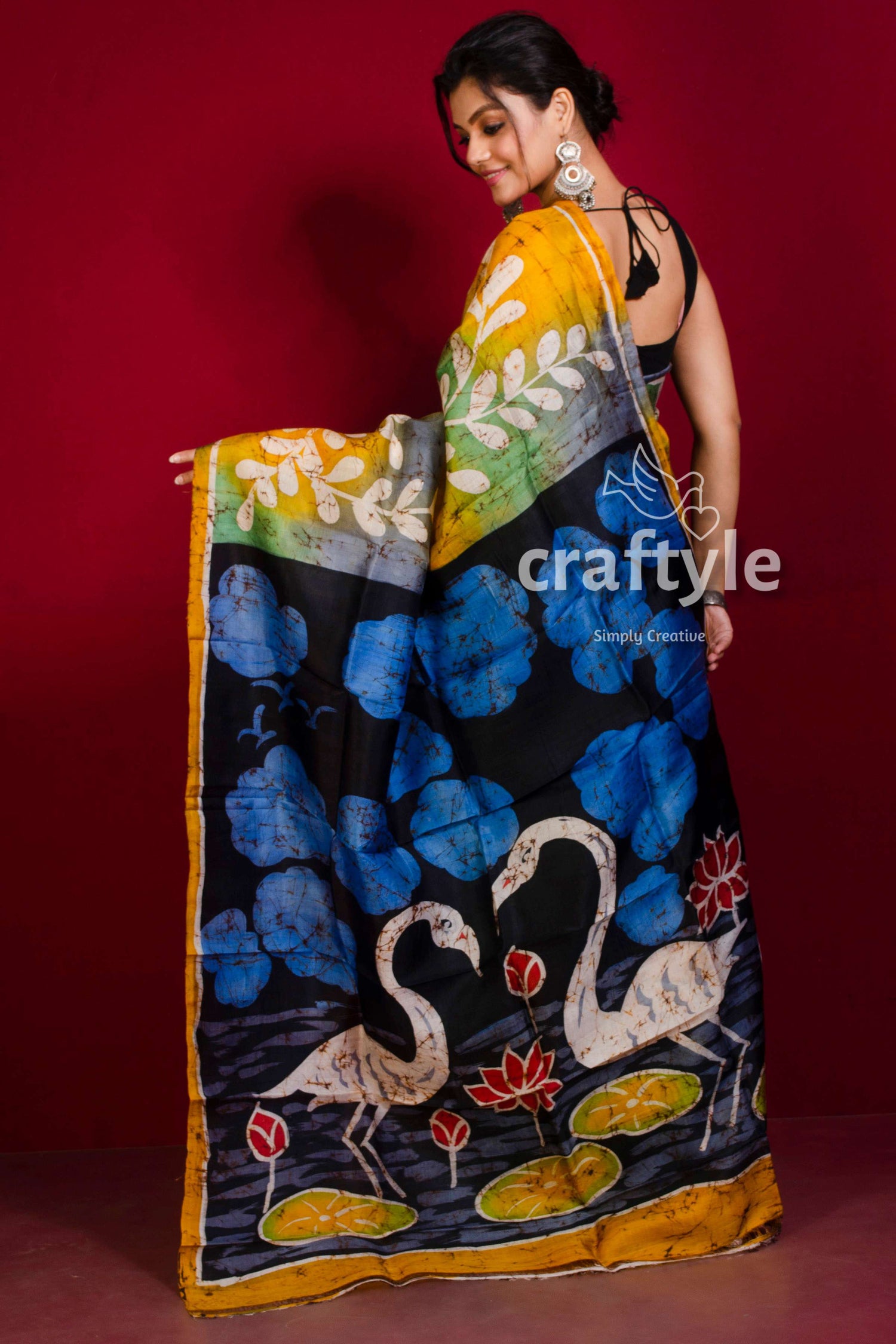 Mustard Yellow Blue Lotus Motif Hand Batik Pure Mulberry Silk Saree - Craftyle