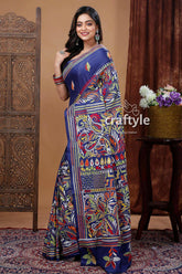 Navy Blue Multicolor Thread Hand Embroidered Kantha Silk Saree-Craftyle