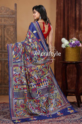 Navy Blue Multicolor Thread Hand Embroidered Kantha Silk Saree-Craftyle